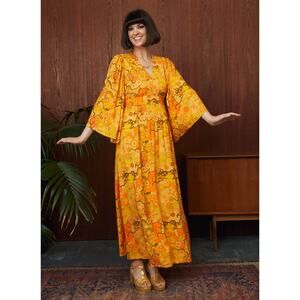 Joanie Dawn O'Porter Sunrise Psychedelic Print Midaxi Dress Citrus Retro 70's